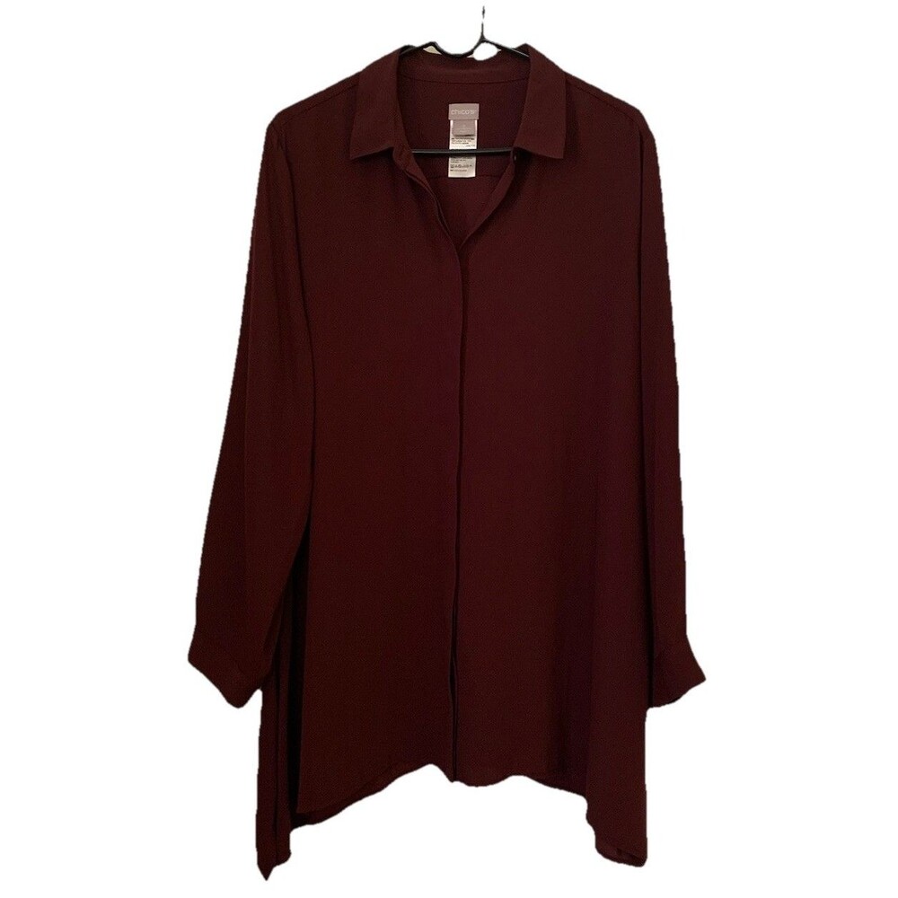 Chicos Size 3 Womens XL Top Burgundy Hidden Button Blouse Long Sleeve
